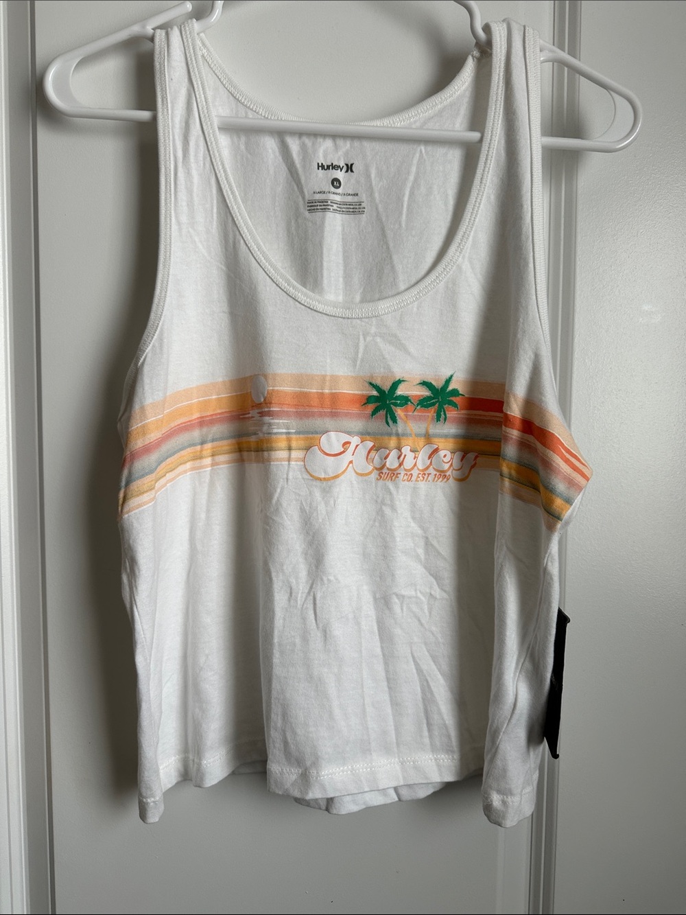NWT Hurley White Tank with Retro Orange Stripes and Green Palms  size L/XL